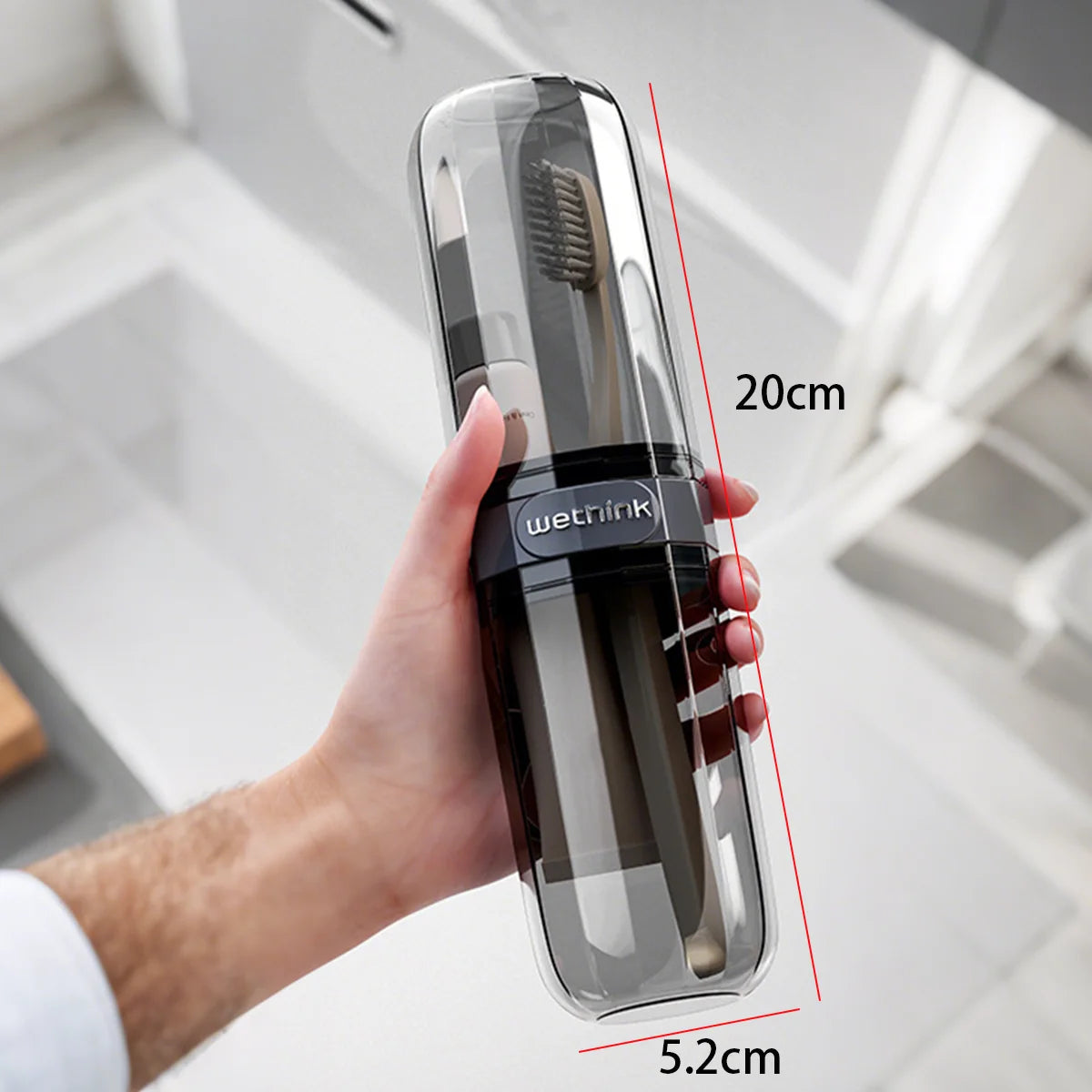 Étui pour brosse à dents gris clair avec dragonne et trous d’aération
