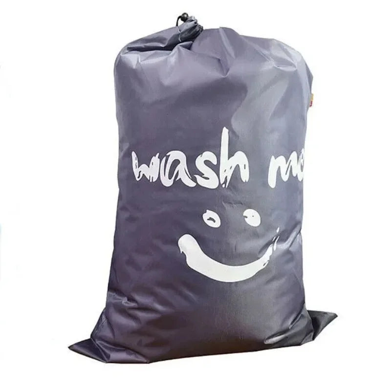 Sac à linge gris en nylon à cordon, imprimé visage souriant