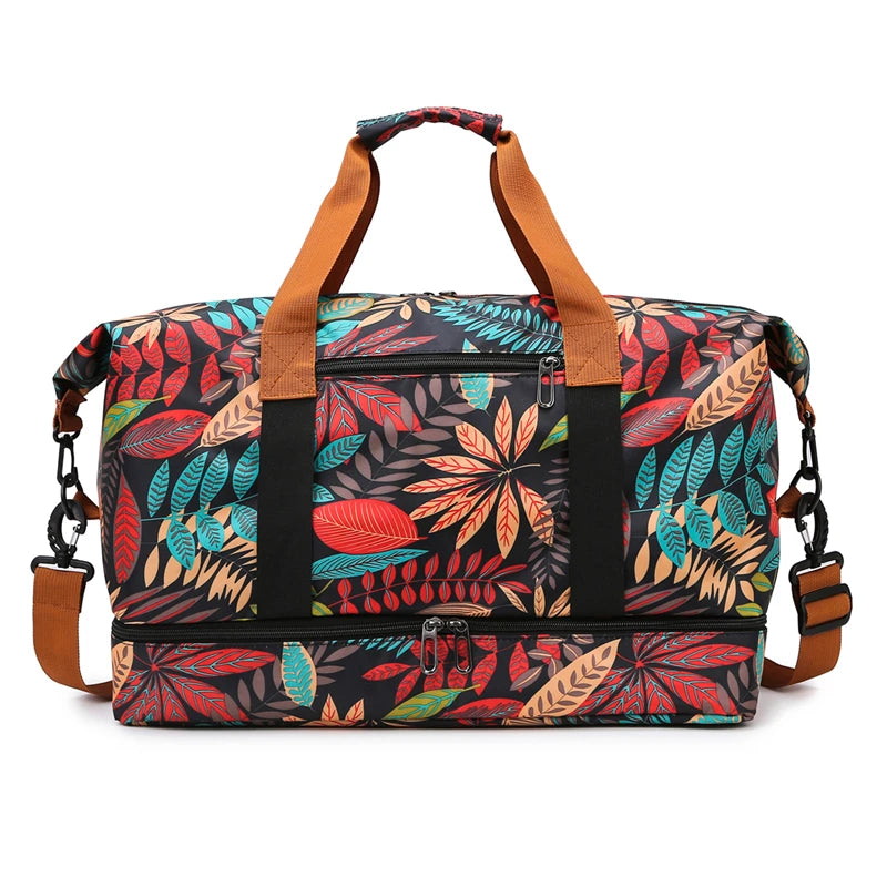 Sac polochon femme en tissu Oxford à motif floral avec compartiment inférieur zippé