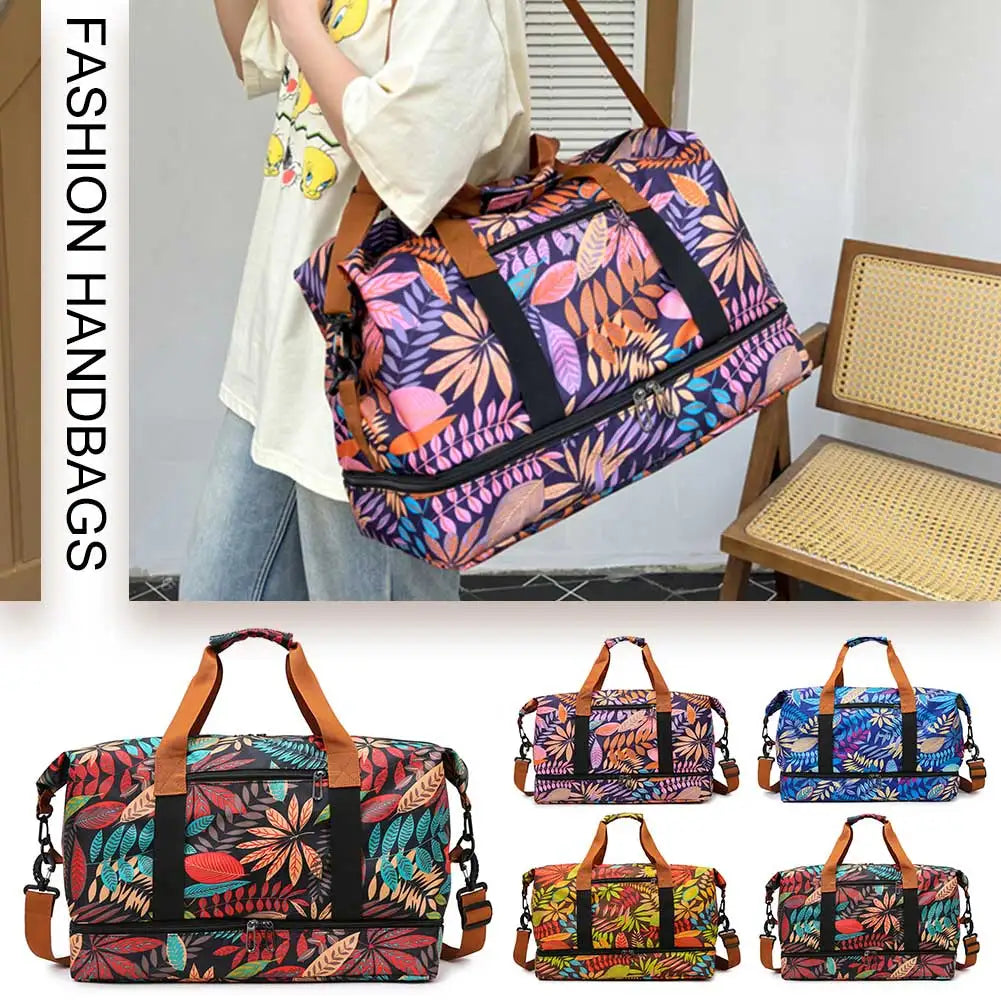 Sac polochon femme en tissu Oxford à motif floral avec compartiment inférieur zippé