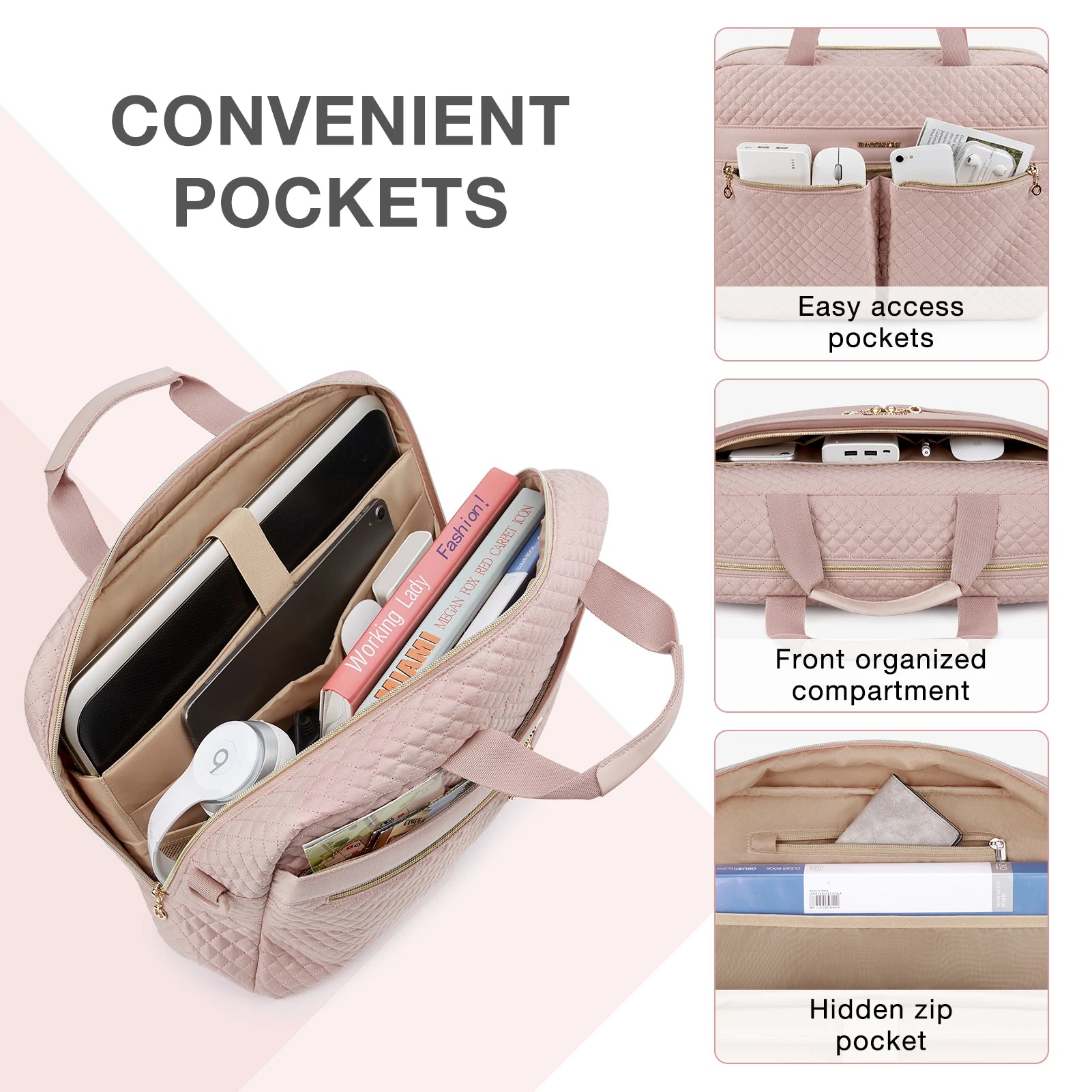 Sacoche ordinateur portable 17 pouces rose pâle matelassée avec bandoulière