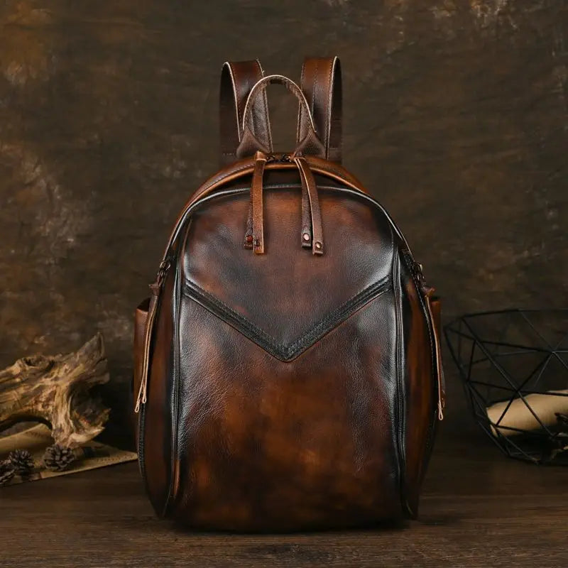 Sac À Dos Imperméable En Cuir Véritable Marron Foncé