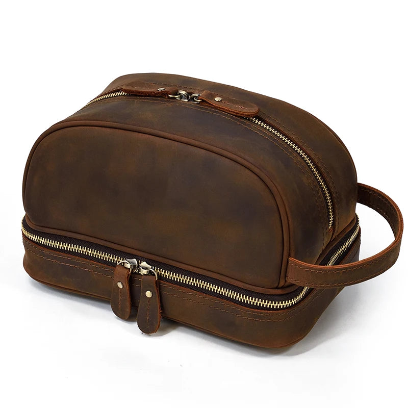 Trousse De Toilette Cuir Pour Homme Véritable Marron Foncé