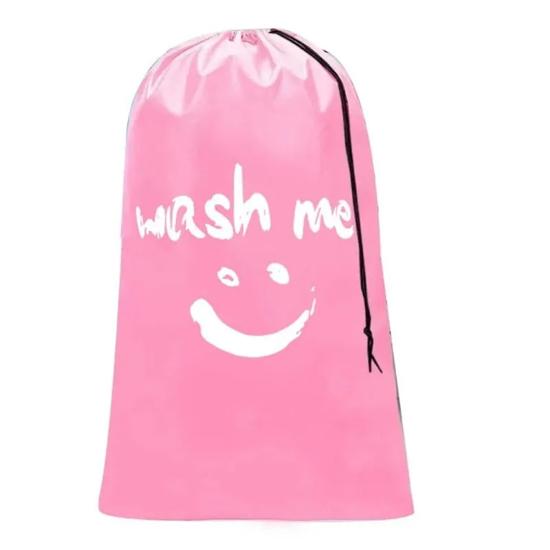 Sac à linge gris en nylon à cordon, imprimé visage souriant