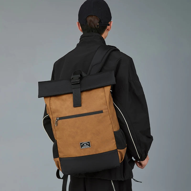 Sac À Dos Cuir PU Roll-Top Extensible Imperméable