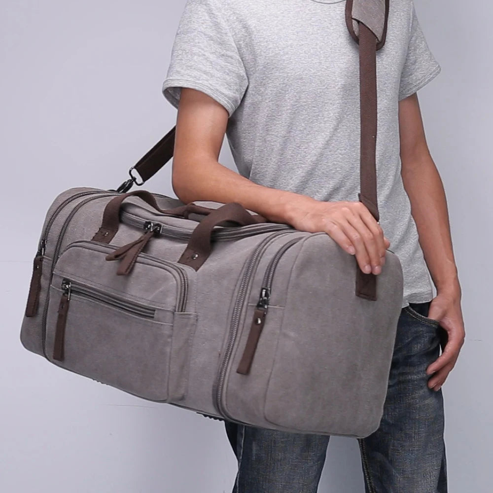 Sac polochon de voyage marron en toile avec bandoulière