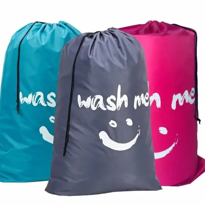 Sac à linge gris en nylon à cordon, imprimé visage souriant