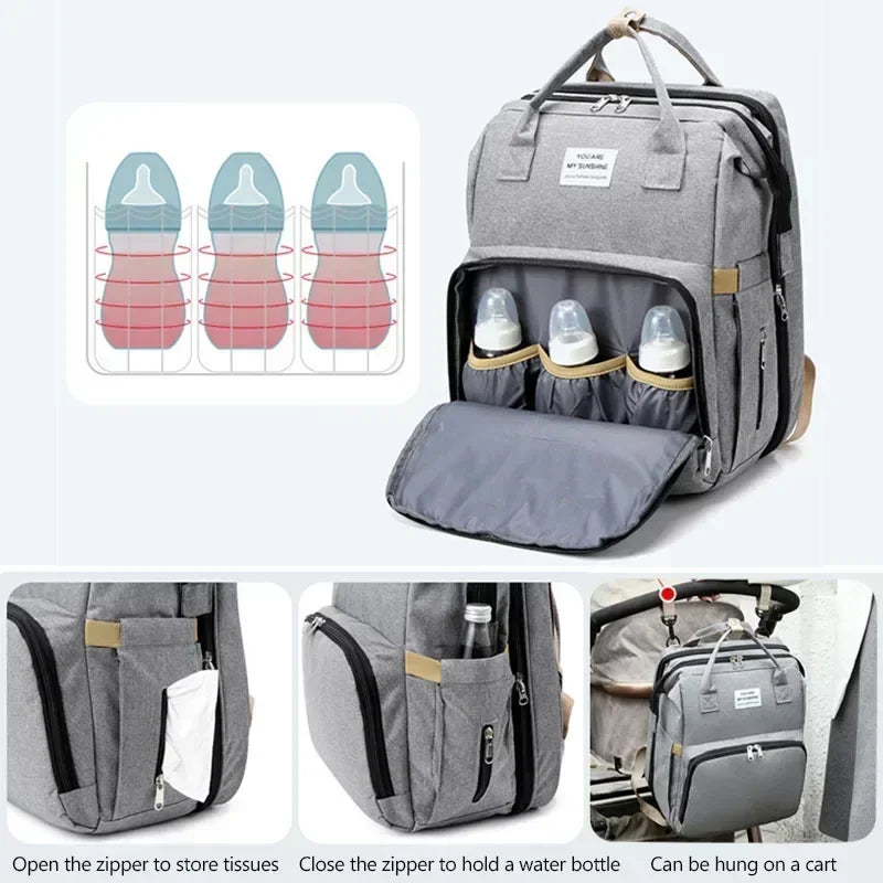 Sac à langer convertible en lit pliable avec 3 emplacements biberons