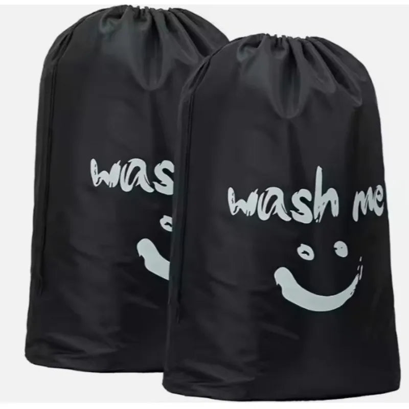 Sac à linge gris en nylon à cordon, imprimé visage souriant