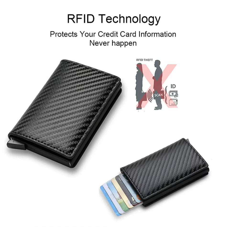 Porte-cartes RFID pop-up mini noir motif fibre de carbone