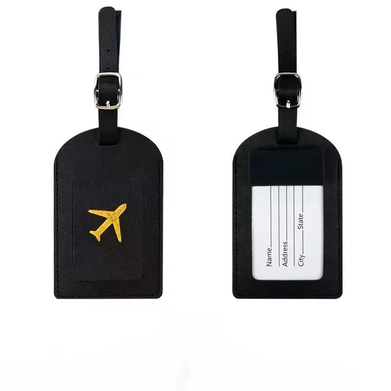 Étiquette de bagage en cuir motif avion avec porte-adresse