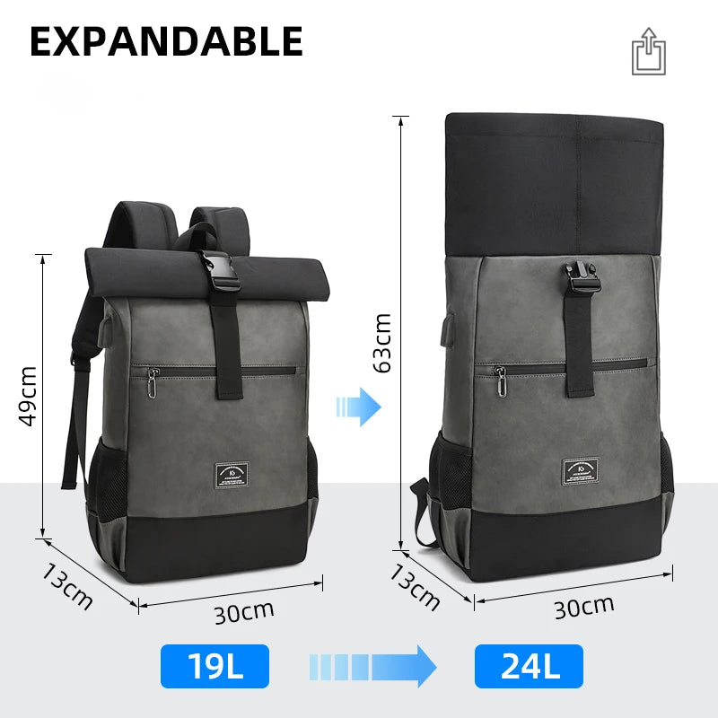 Sac À Dos Cuir PU Roll-Top Extensible Imperméable