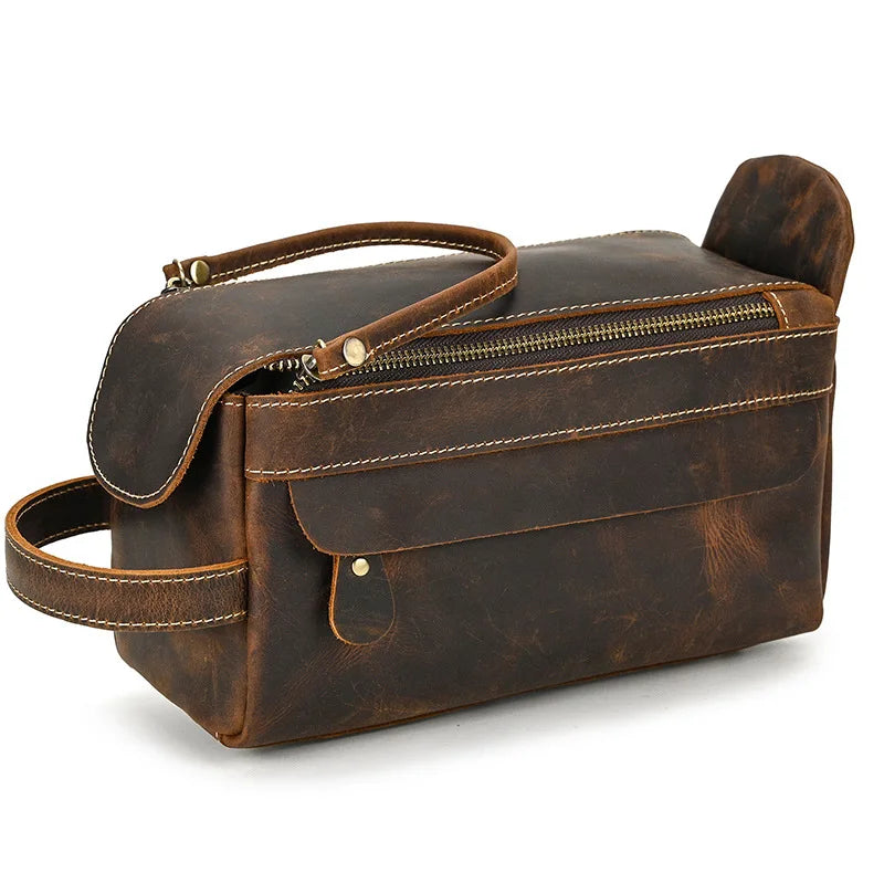 Trousse De Toilette Cuir Pour Homme Véritable Marron Foncé