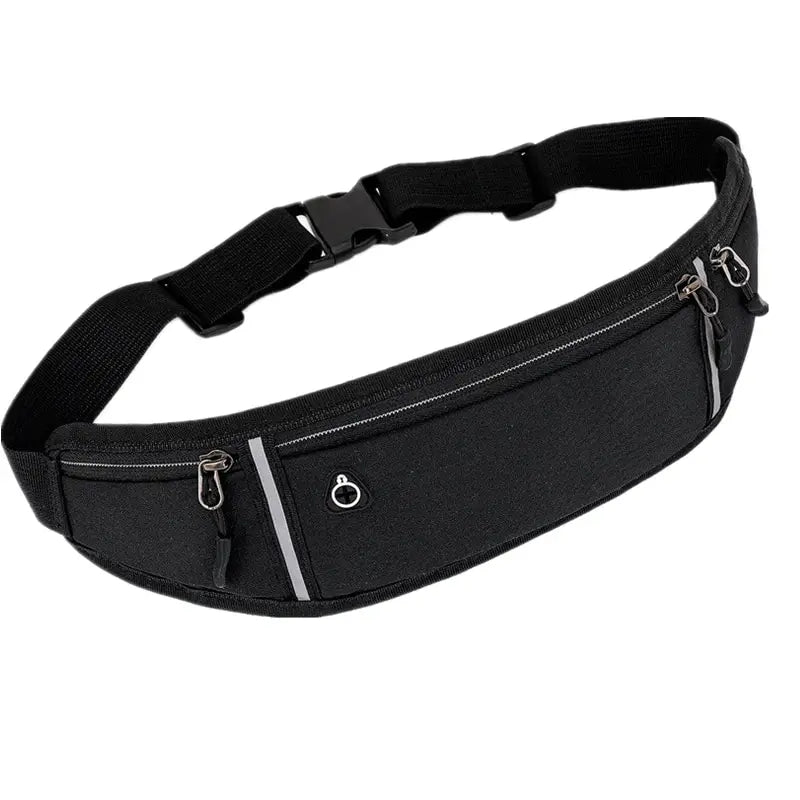 Sac banane noir de course, 3 poches zippées et bande réfléchissante