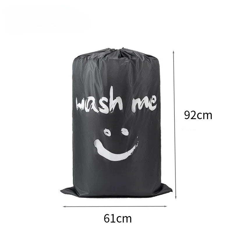 Sac à linge gris en nylon à cordon, imprimé visage souriant