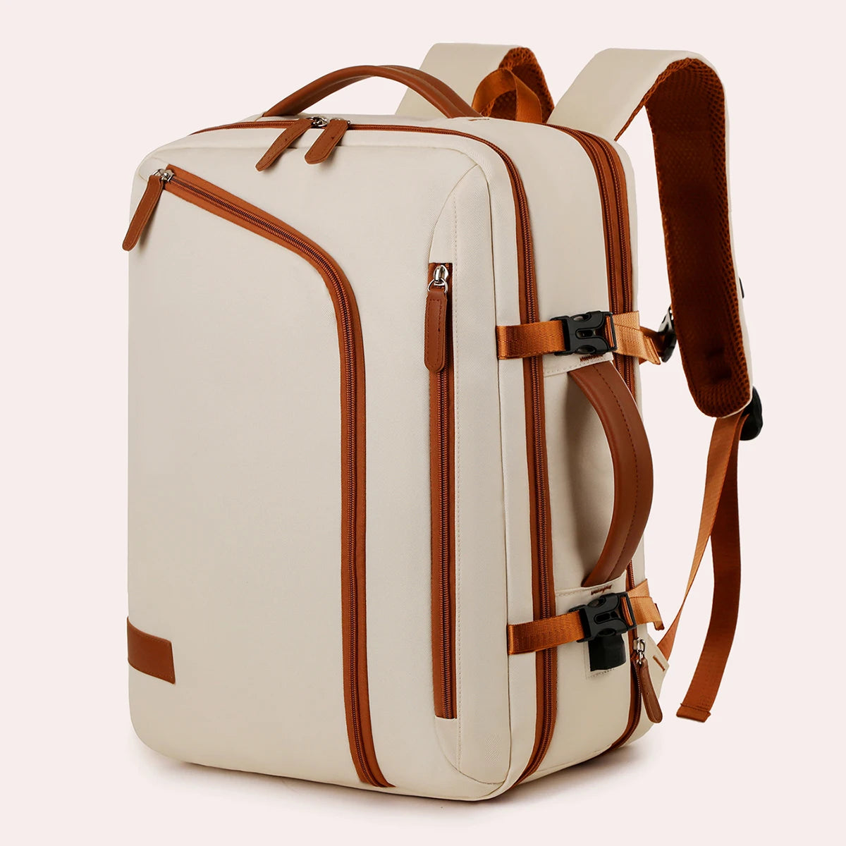Sac À Dos Ordinateur En Nylon Beige À Fermeture Zippée