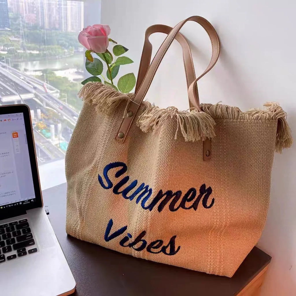 Sac cabas femme en toile écrue « Summer Vibes » à anses longues marron