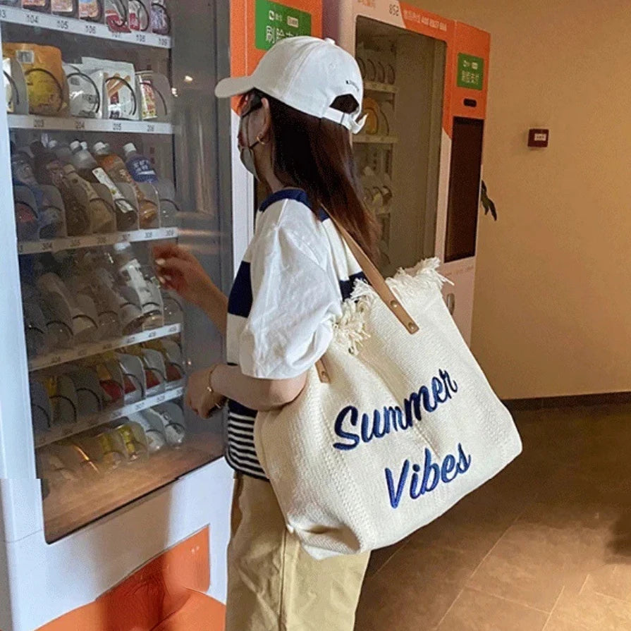 Sac cabas femme en toile écrue « Summer Vibes » à anses longues marron