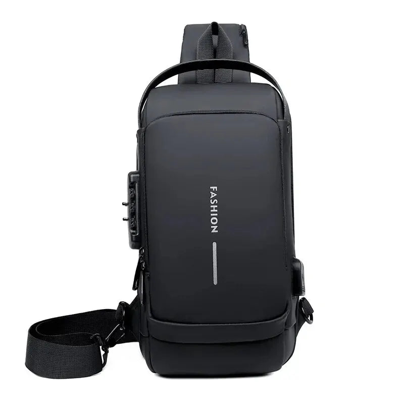 Sac bandoulière poitrine homme en cuir synthétique avec serrure à code et port USB