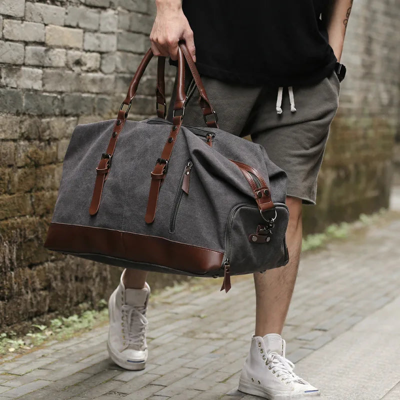 Sac polochon de voyage homme en toile gris et marron