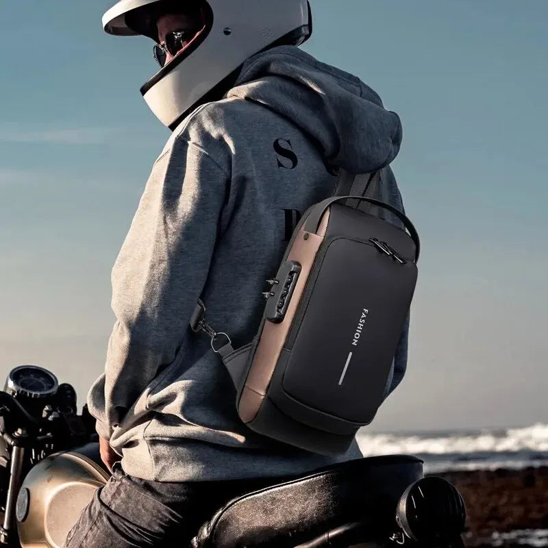 Sac bandoulière poitrine homme en cuir synthétique avec serrure à code et port USB