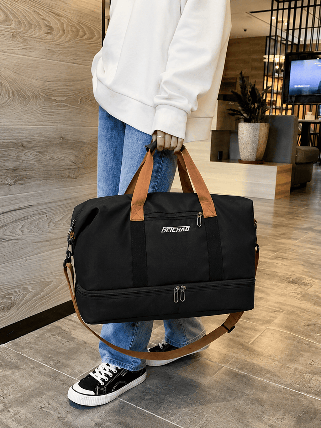 Sackovia Sac polochon de voyage femme extensible en tissu Oxford avec bandoulière